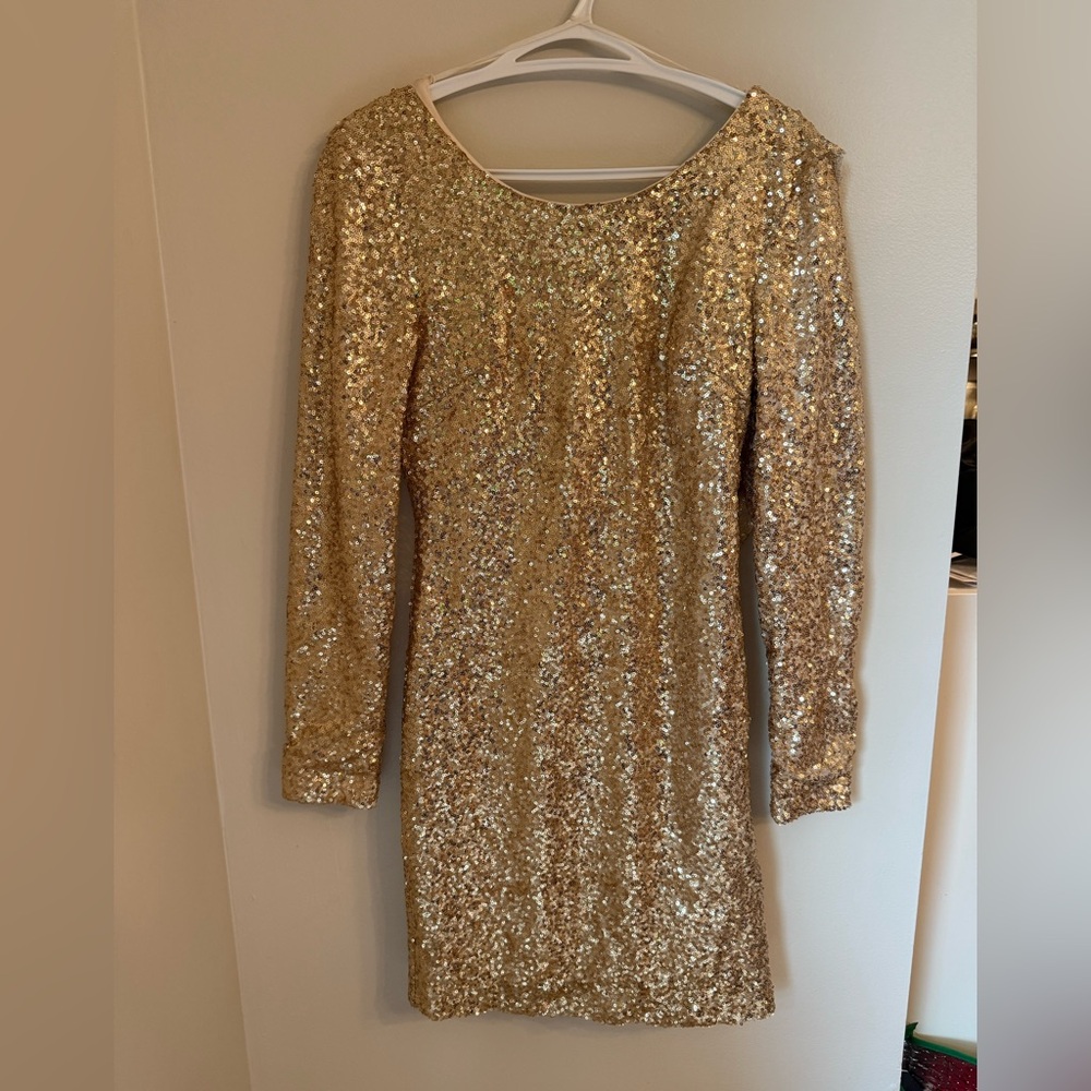 Pink Eve Gold Sequins Backless, Long Sleeve Dress - Size 10